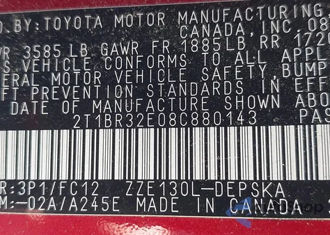 2008 Toyota Corolla S z USA, uszkodzony, nr VIN 2T1BR32E08C880143